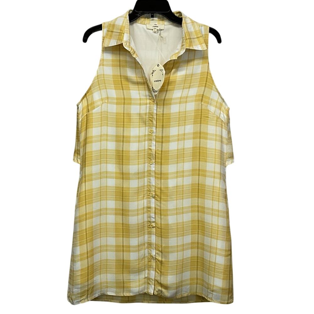 Entro Shirt Dress Womens Size M Yellow/White Plaid Lined Button Up Casual Travel